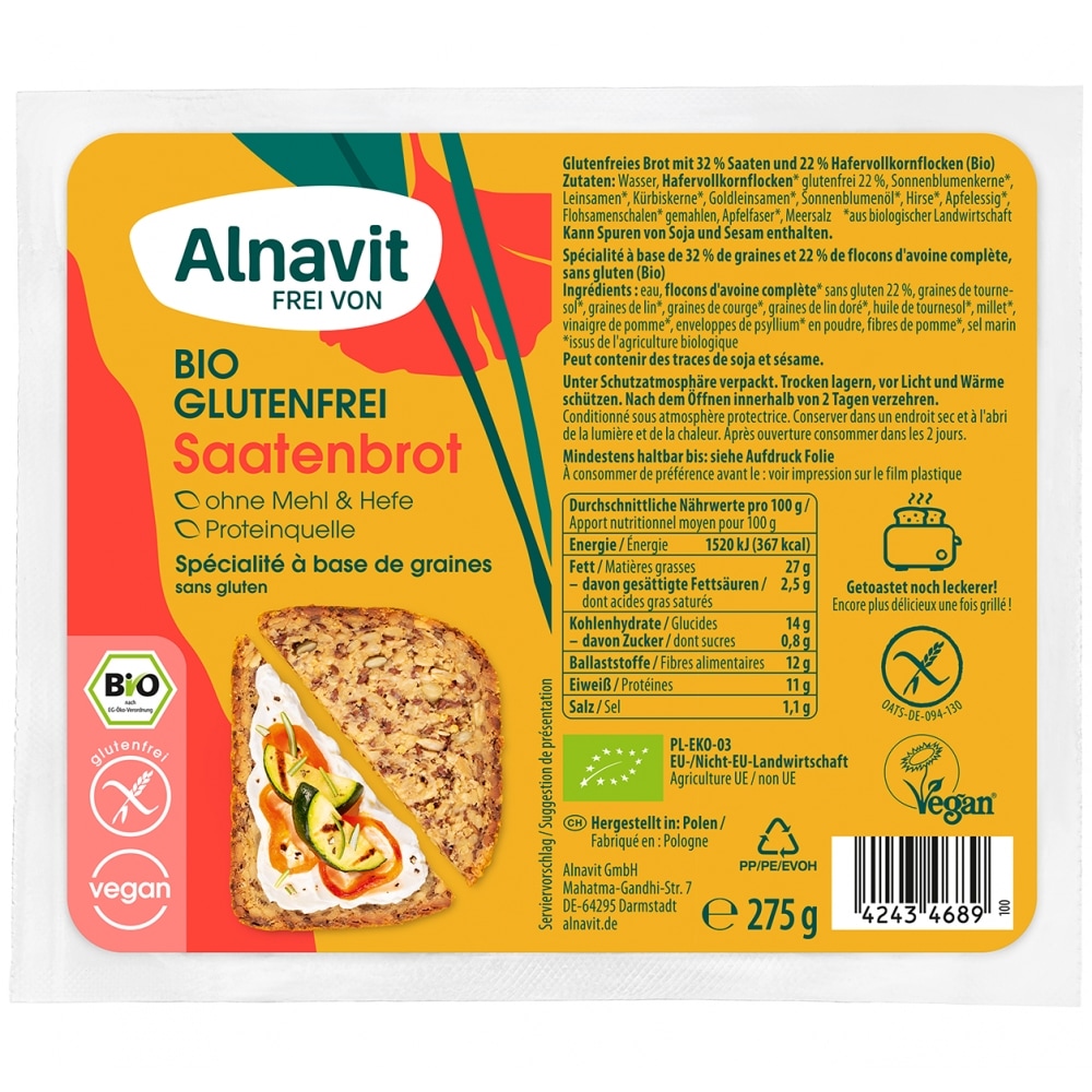 Alnavit Zadenbrood Glutenvrij Bio 275 g